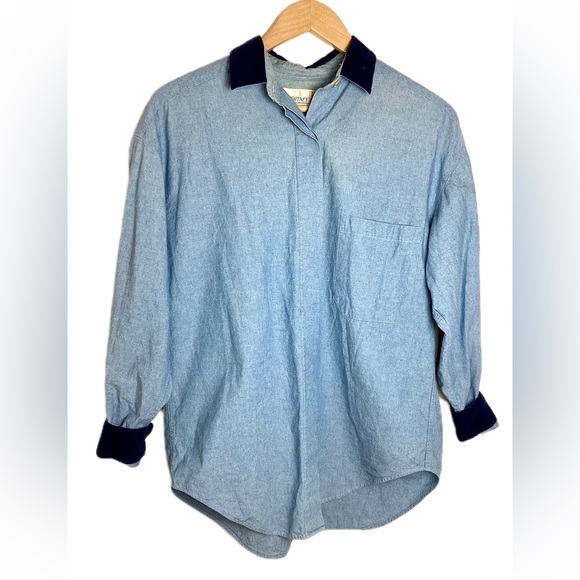 Whitney Lang Tops - Vtg Whitney Lang Chambray Shirt Size 8 Corduroy Contrast Trim Relaxed Country